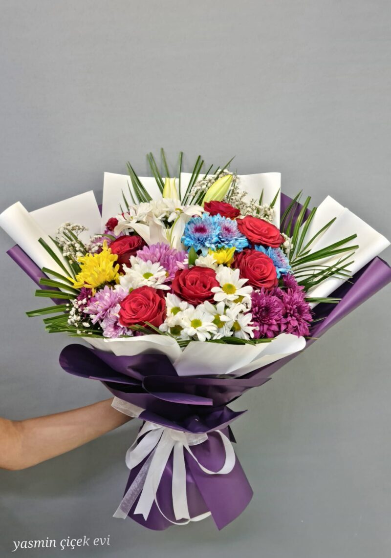 KARIŞIK RENKLİ GÜLLÜ BÜYÜK BOY BUKET CANLI
